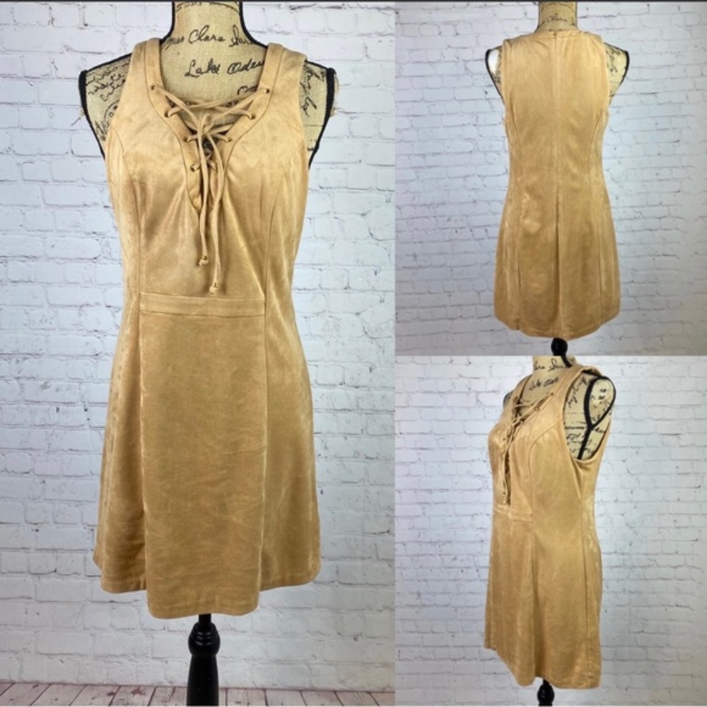 Guess Vegan Suede Princess Seams Lace Up Dress